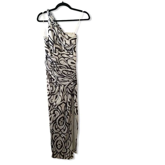 Nicholas Drue Draped Asymmetrical Midi Dress black white print braid Revolve 12 - Picture 8 of 14